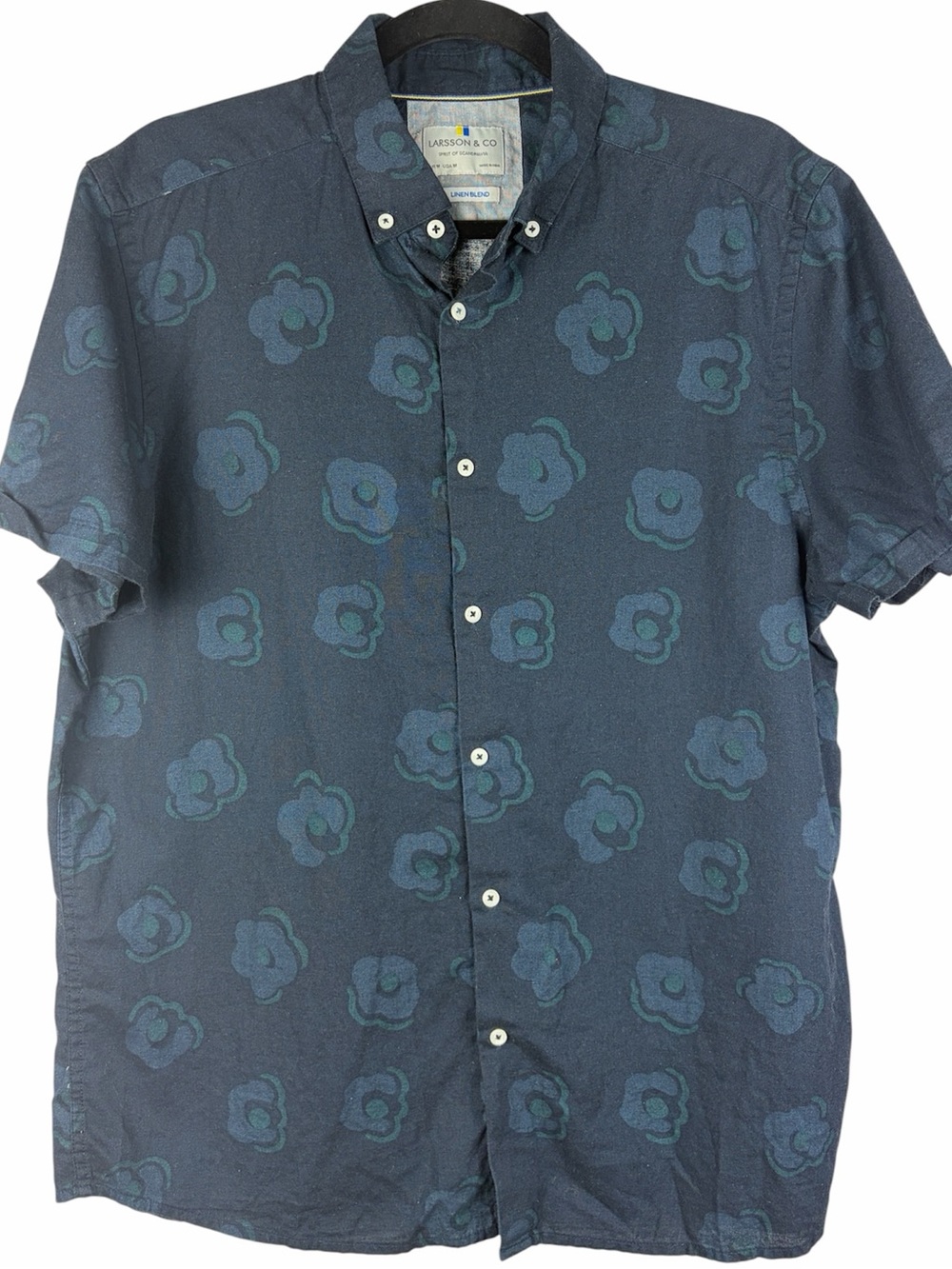 Larsson & Co Men’s Medium Linen Blend Floral Button Down Shirt Blue